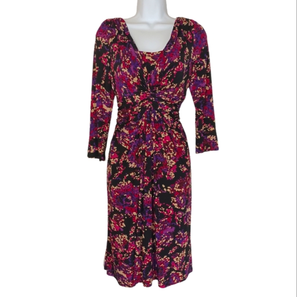 JONES NEW YORK Purple Tan Black Print Front Twist V Neck Dress 6 (Small)